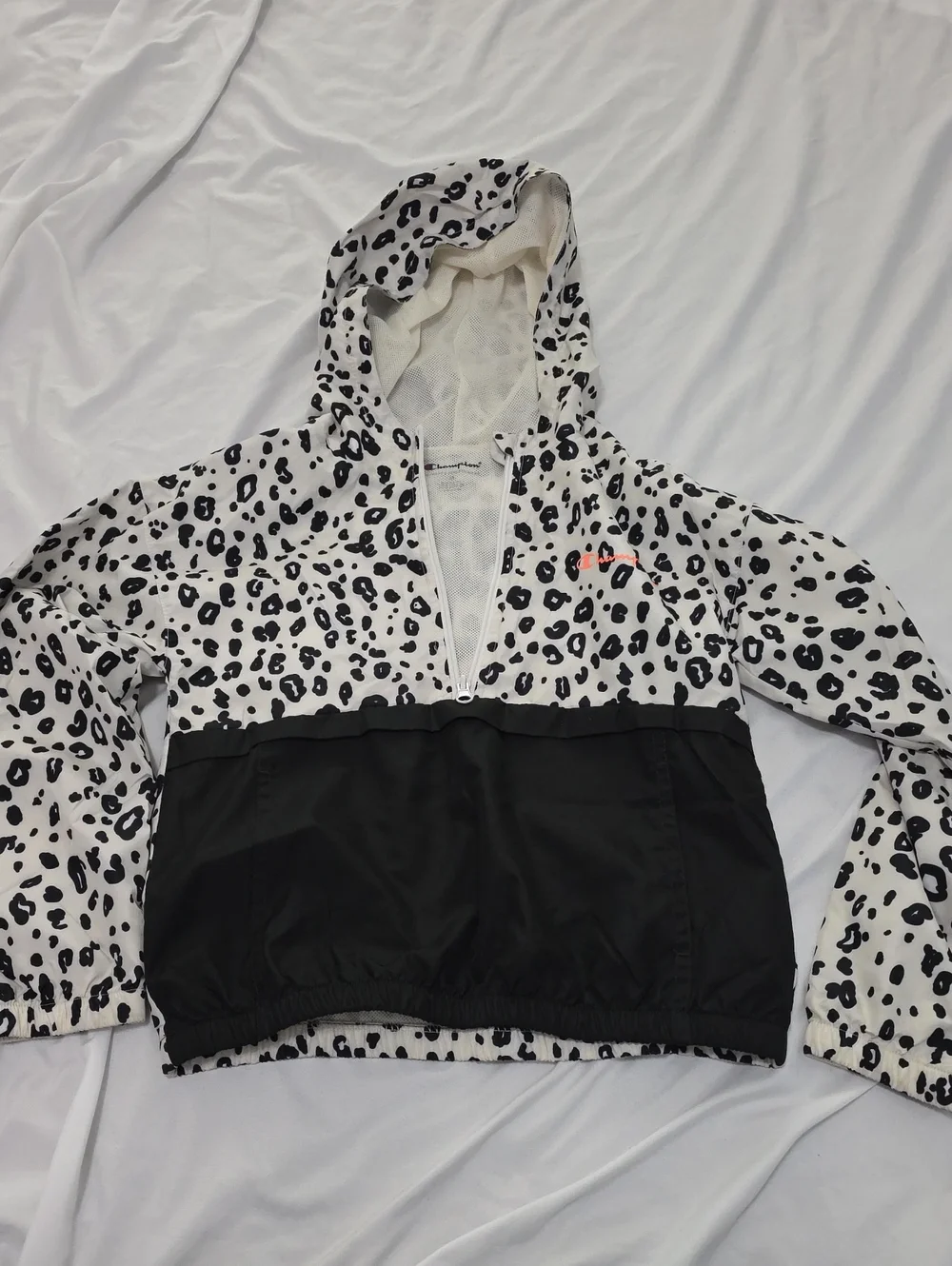 Champion Kids Leopard Print Hooded Windbreaker - White & Black